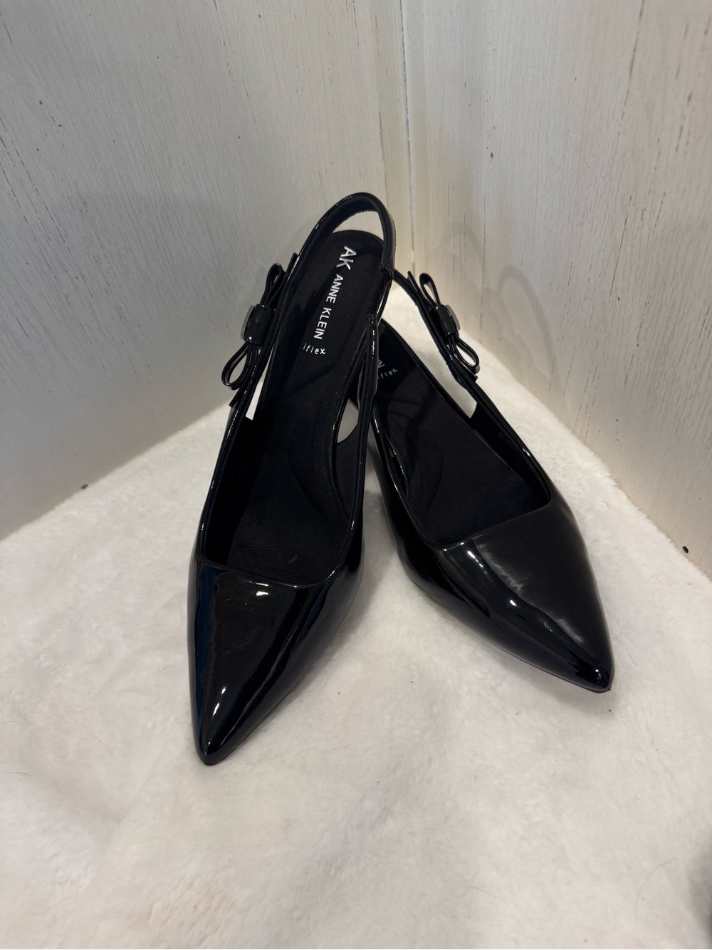 Anne Klein Black Patent Pointed Slingback 2 inch Kitten Heel with Bow Accent